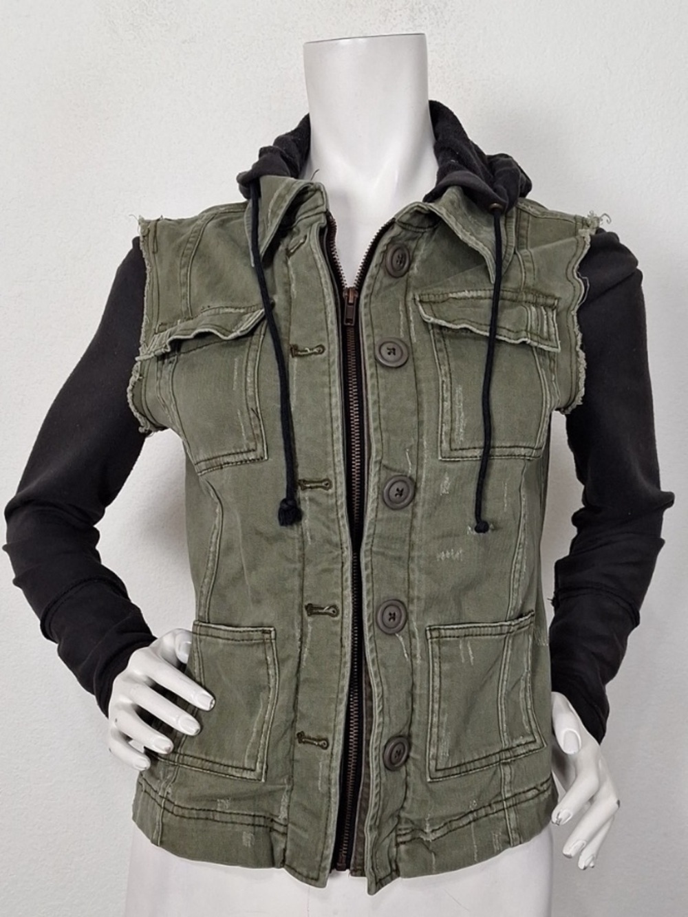 Free People Olive Green & Black Pieced Grunge Knit Hooded Twill Jacket Size XS